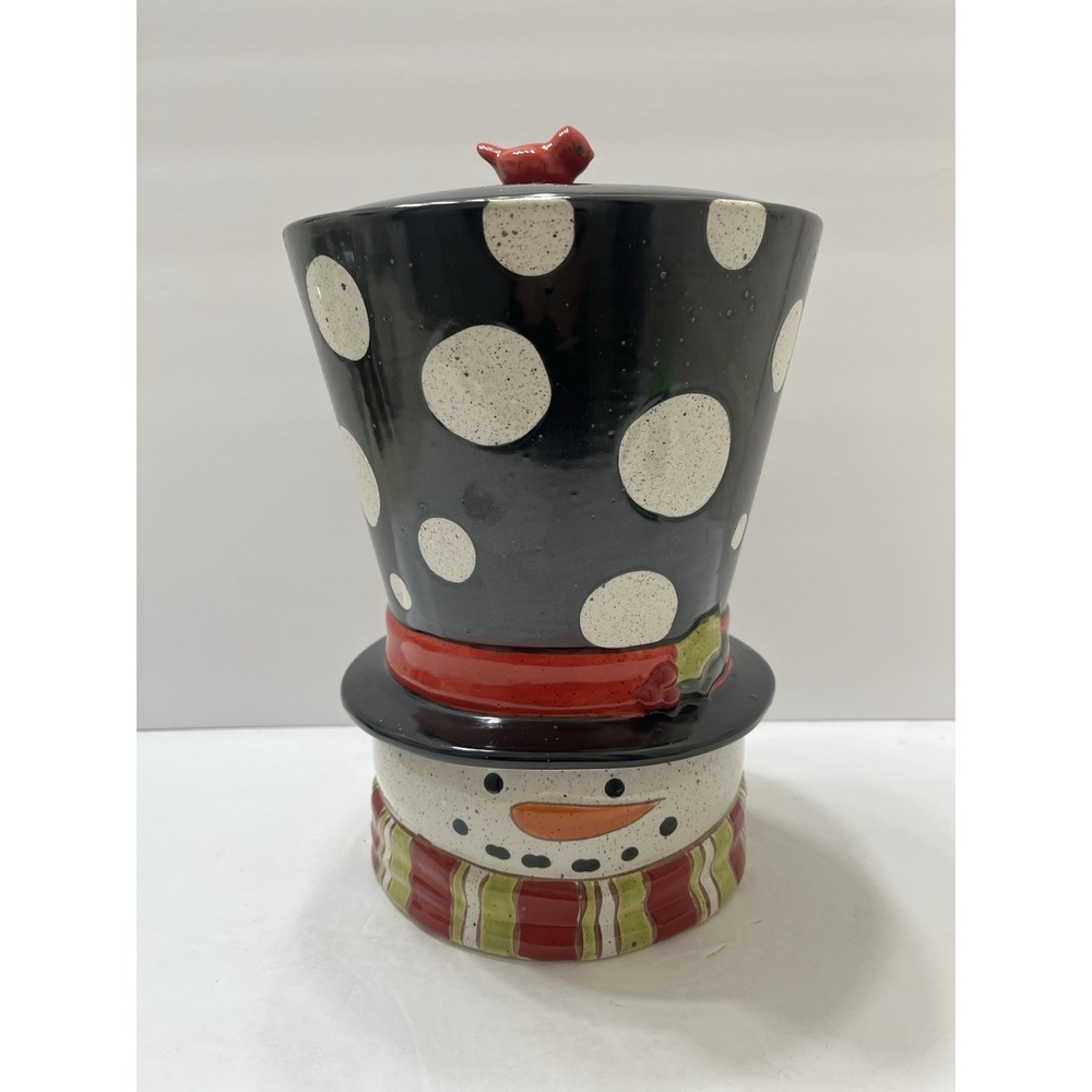 Christmas Snowman Cookie Jar Large Polka Dot Hat Cardinal Topper Grasslands Road